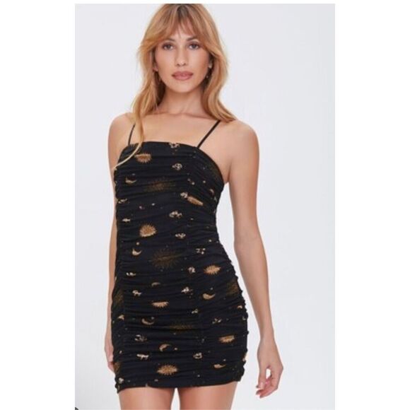 Forever 21 NWT celestial print Ruched mini dress M - Picture 1 of 7